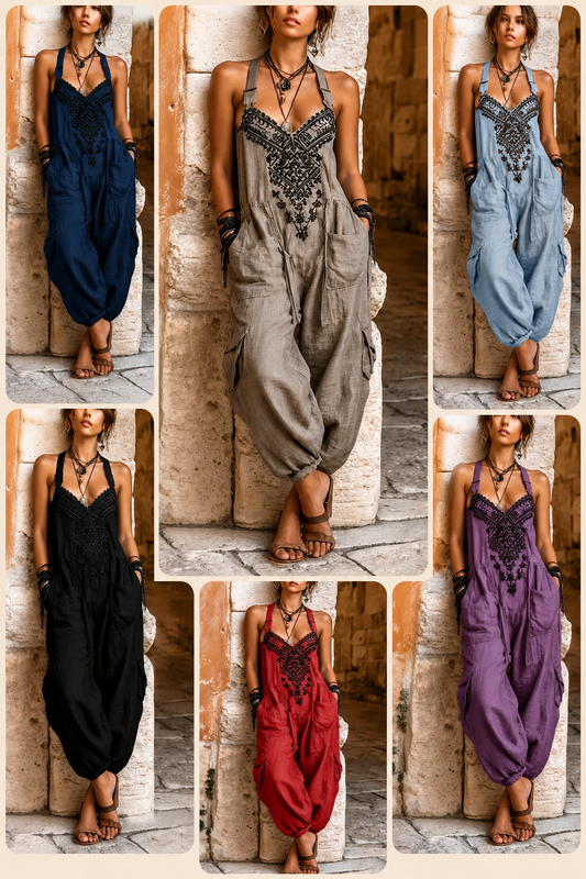 💝💝Women's V-neck Sleeveless Wide-leg Jumpsuit — Casual, Loose-fit Cotton-linen Blend With Placement Print