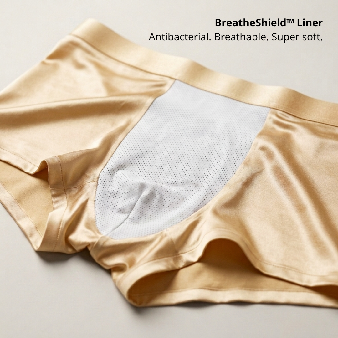 Beige underwear with a white BreatheShield liner on a light gray background