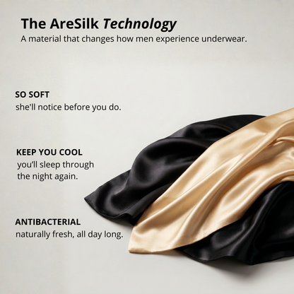 Black and gold AreSilk material with text highlighting features on a light gray background