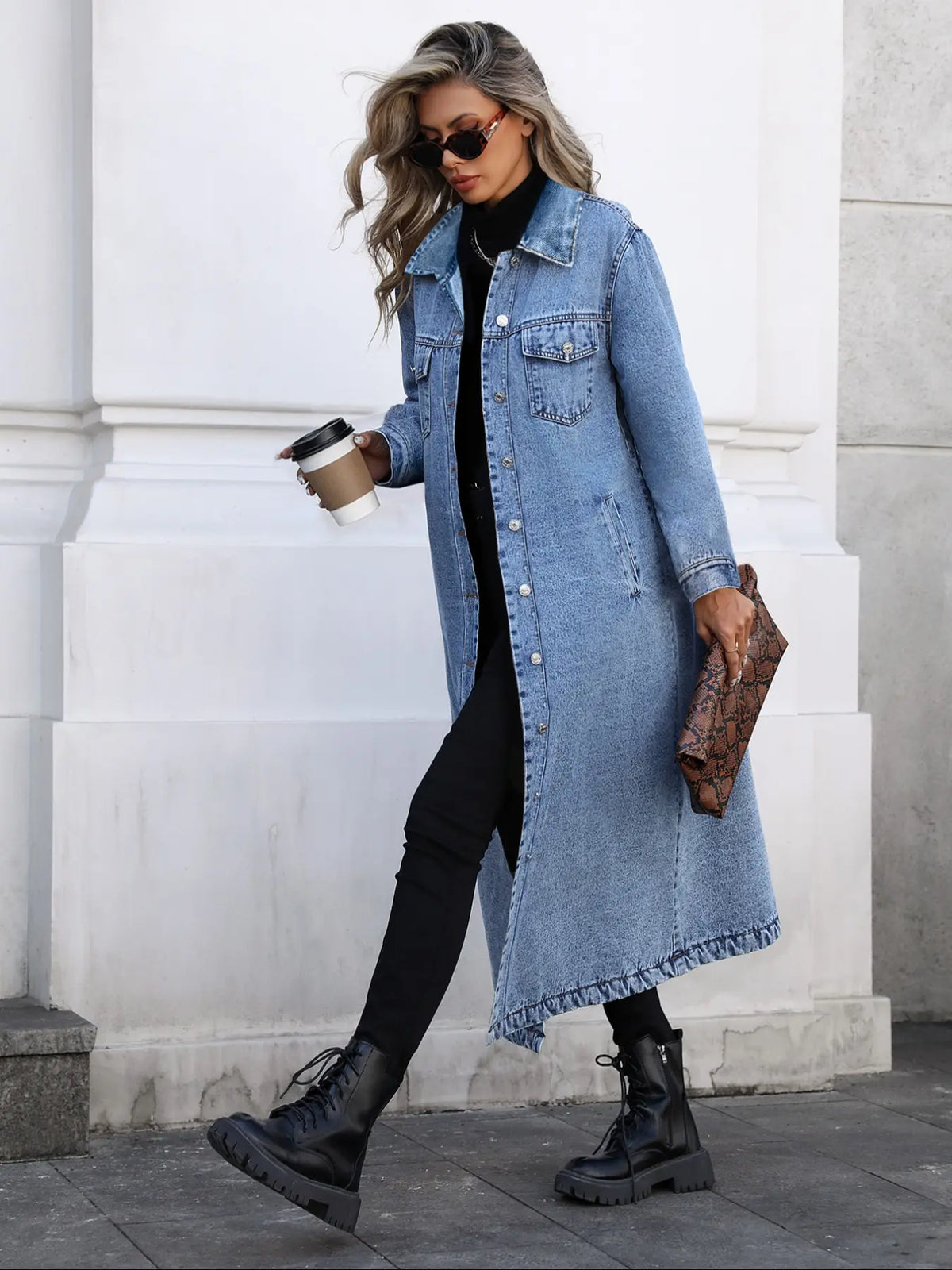 Women's Classic Long Denim Trench Coat