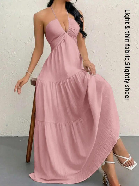 Women's Backless Halter Maxi Dress – Lightweight Summer Vacation Dress