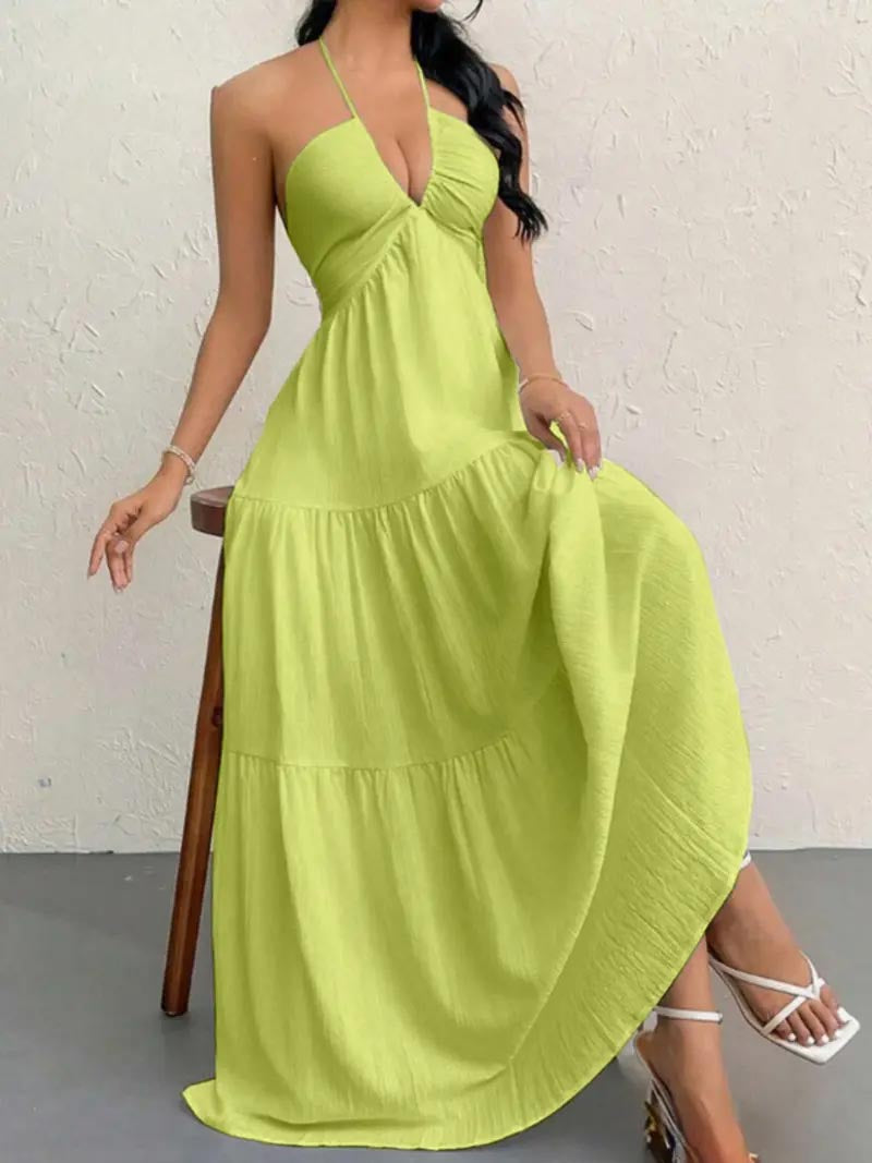 Women's Backless Halter Maxi Dress – Lightweight Summer Vacation Dress