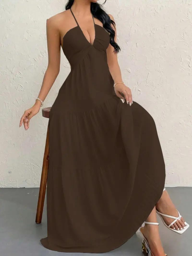 Women's Backless Halter Maxi Dress – Lightweight Summer Vacation Dress