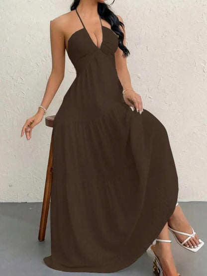 Women's Backless Halter Maxi Dress – Lightweight Summer Vacation Dress