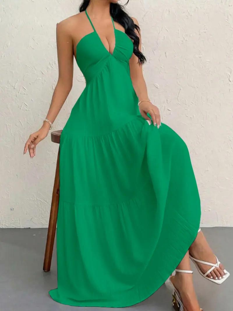 Women's Backless Halter Maxi Dress – Lightweight Summer Vacation Dress