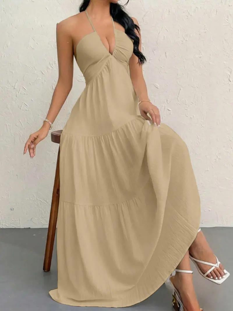Women's Backless Halter Maxi Dress – Lightweight Summer Vacation Dress