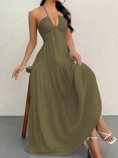 Women's Backless Halter Maxi Dress – Lightweight Summer Vacation Dress