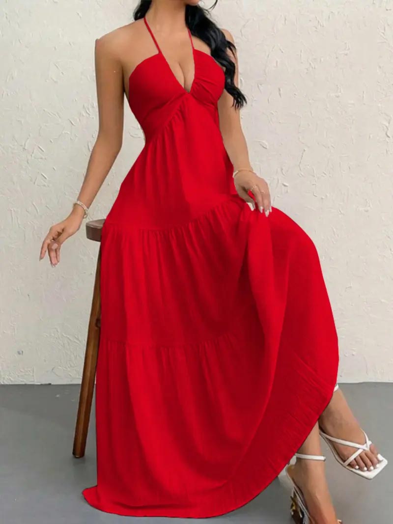 Women's Backless Halter Maxi Dress – Lightweight Summer Vacation Dress