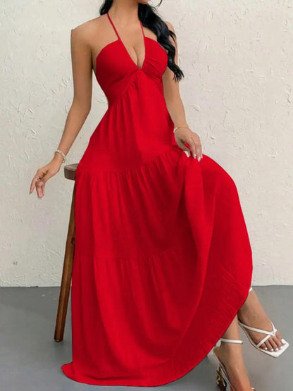 Women's Backless Halter Maxi Dress – Lightweight Summer Vacation Dress