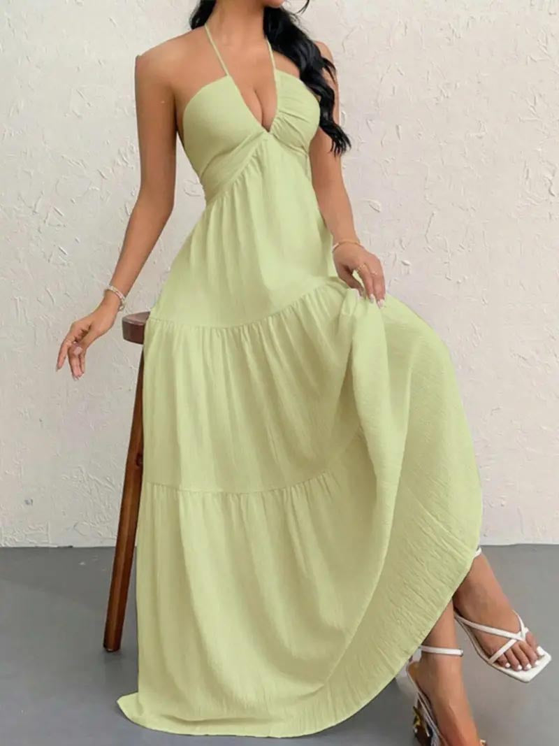 Women's Backless Halter Maxi Dress – Lightweight Summer Vacation Dress