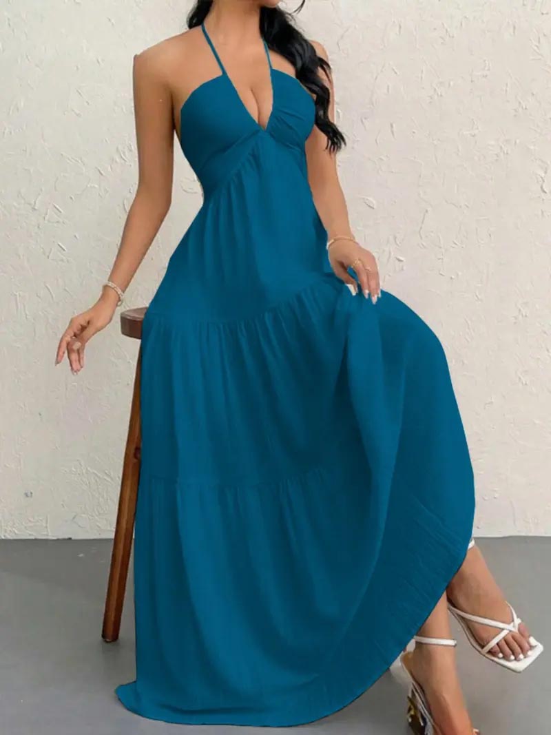 Women's Backless Halter Maxi Dress – Lightweight Summer Vacation Dress