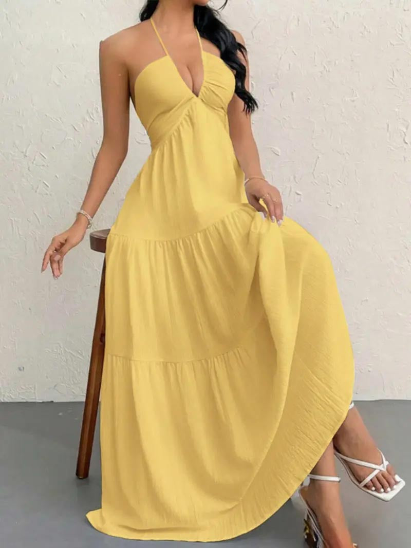 Women's Backless Halter Maxi Dress – Lightweight Summer Vacation Dress