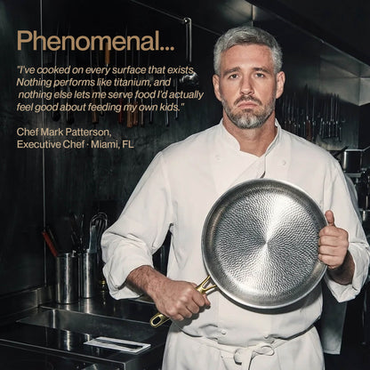 Chef Mark Patterson holding a metallic pan in a kitchen setting with text about the pan's performance.