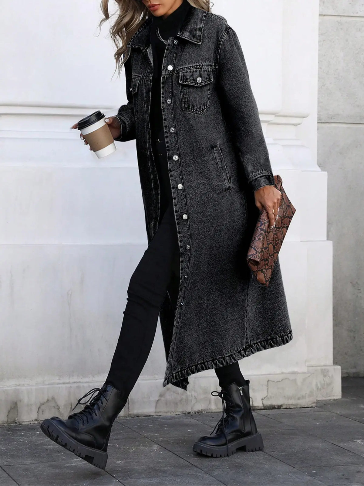 Women's Classic Long Denim Trench Coat