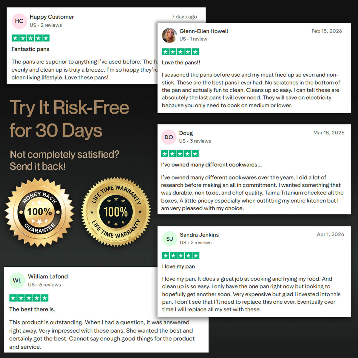 Product reviews and promotional text on a black background