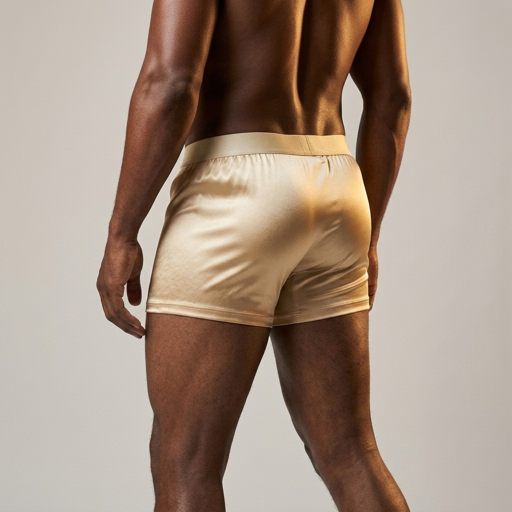 Person wearing beige satin underwear on a neutral background