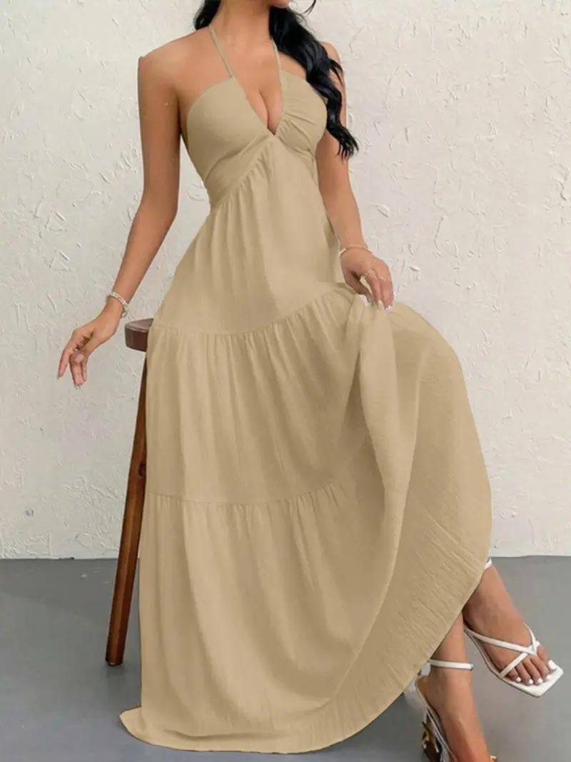 Women's Backless Halter Maxi Dress – Lightweight Summer Vacation Dress